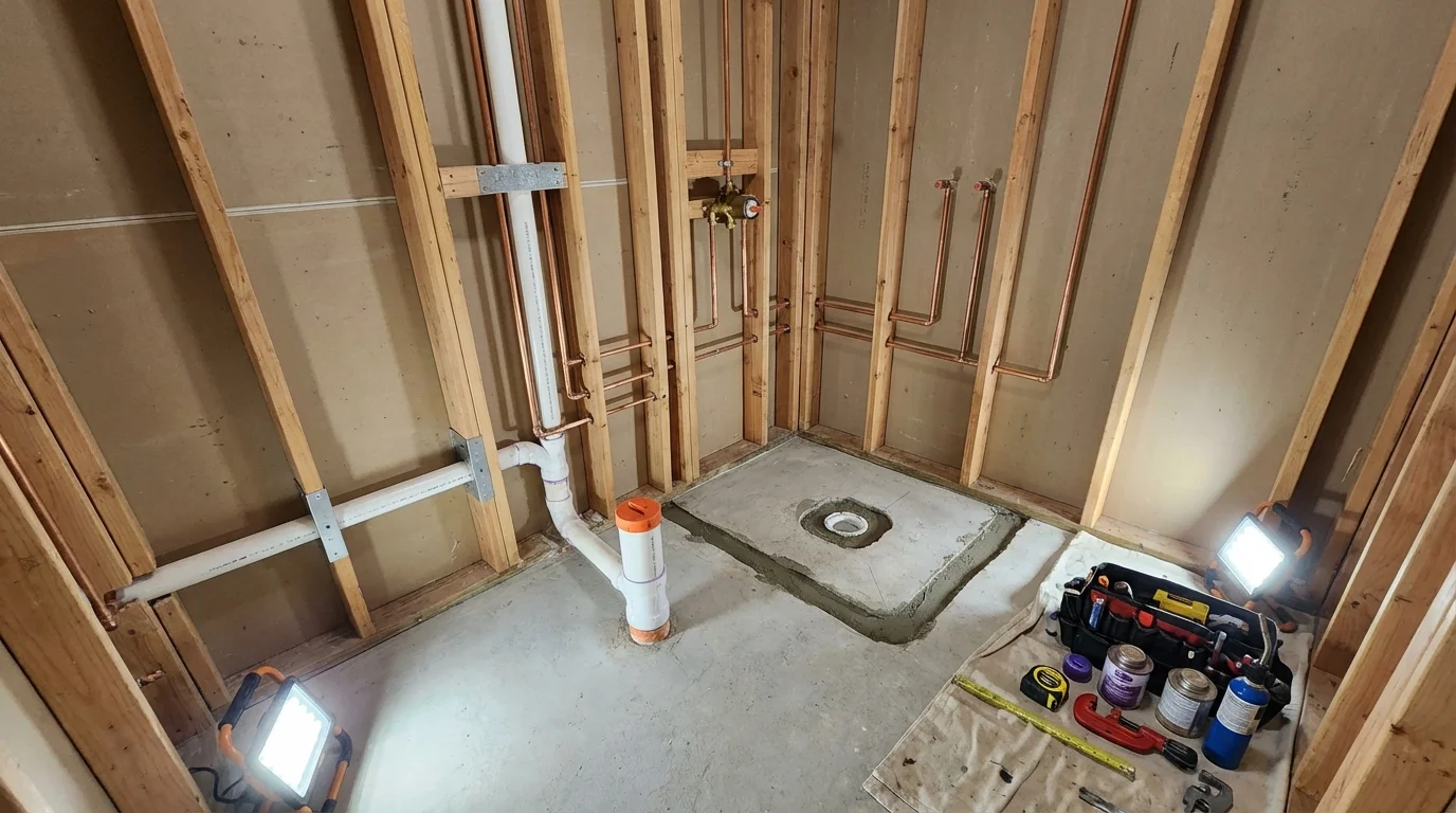 Bathroom rough-in plumbing during remodel by Johns Plumbing LLC in Lecanto