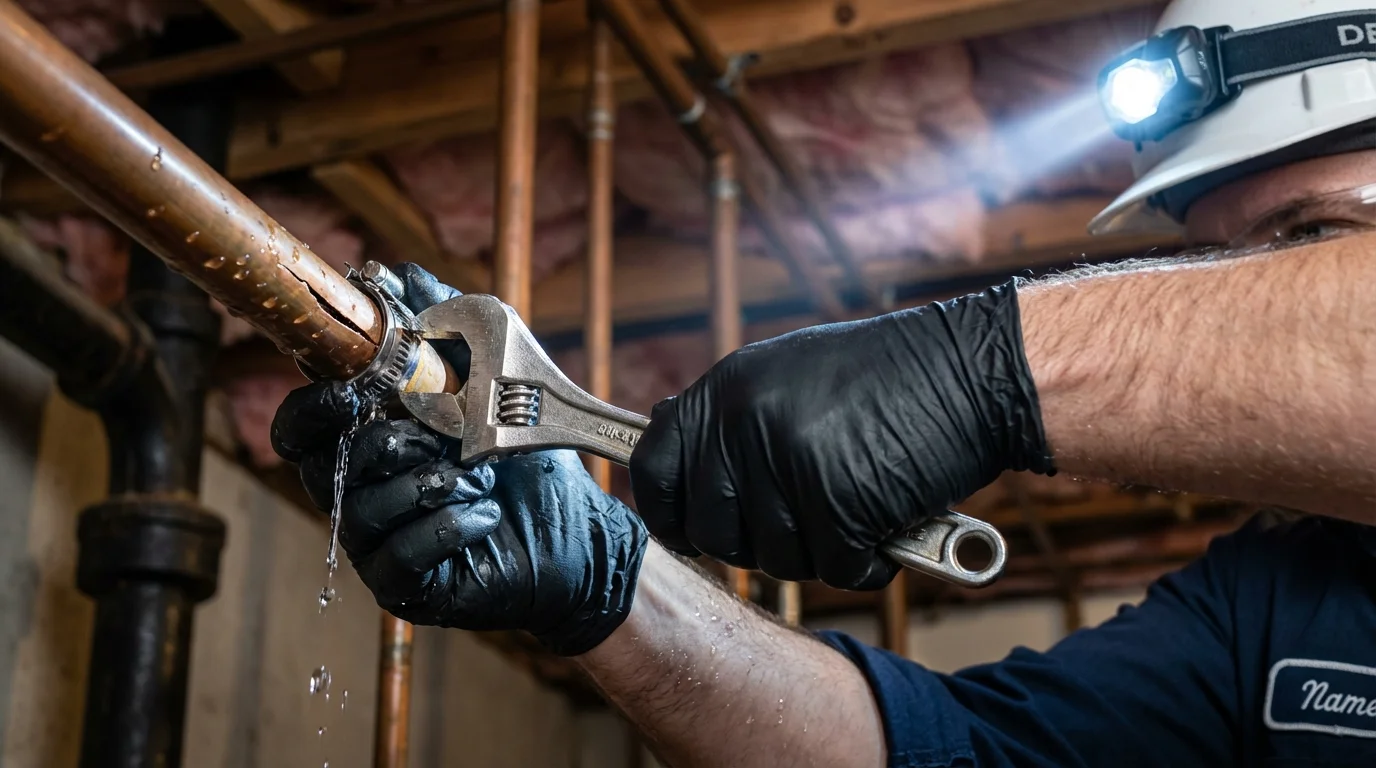 Emergency pipe clamp repair being performed by a Johns Plumbing LLC plumber in Lecanto