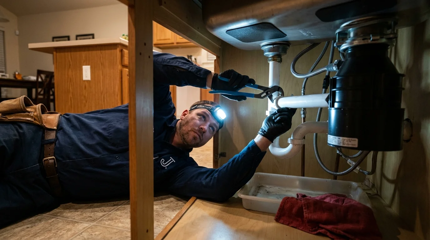 P-trap and supply line connections under a kitchen sink showing a common leak point in Lecanto, FL